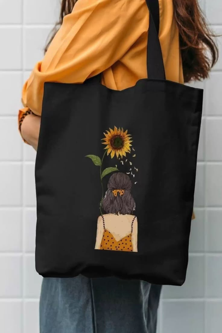 Girl With Sunflower Black Tote Bag